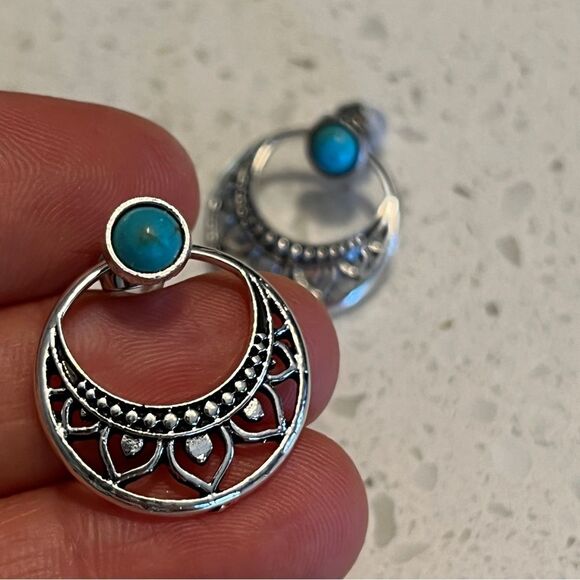 Elegant Faux Turquoise Lotus Stud Earrings - Picture 5 of 11